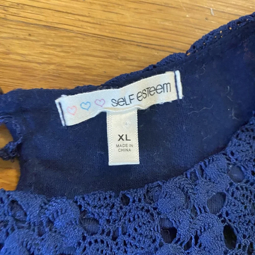 Self Esteem Shirt Womens XL Navy Crochet Lace Long Sleeve Scalloped Hem Lined